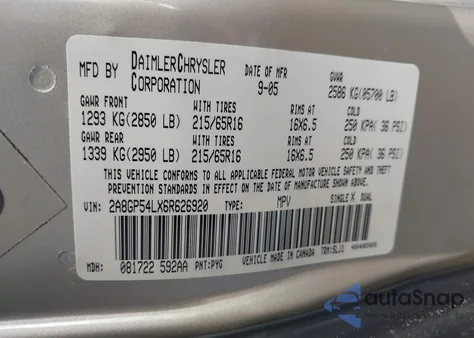 2006 Chrysler Town & Country Touring z USA, uszkodzony, nr VIN 2A8GP54LX6R626920